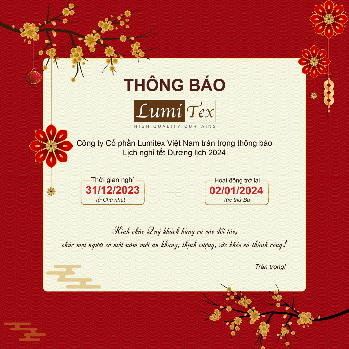 thông báo nghỉ tết dương lịch 2024