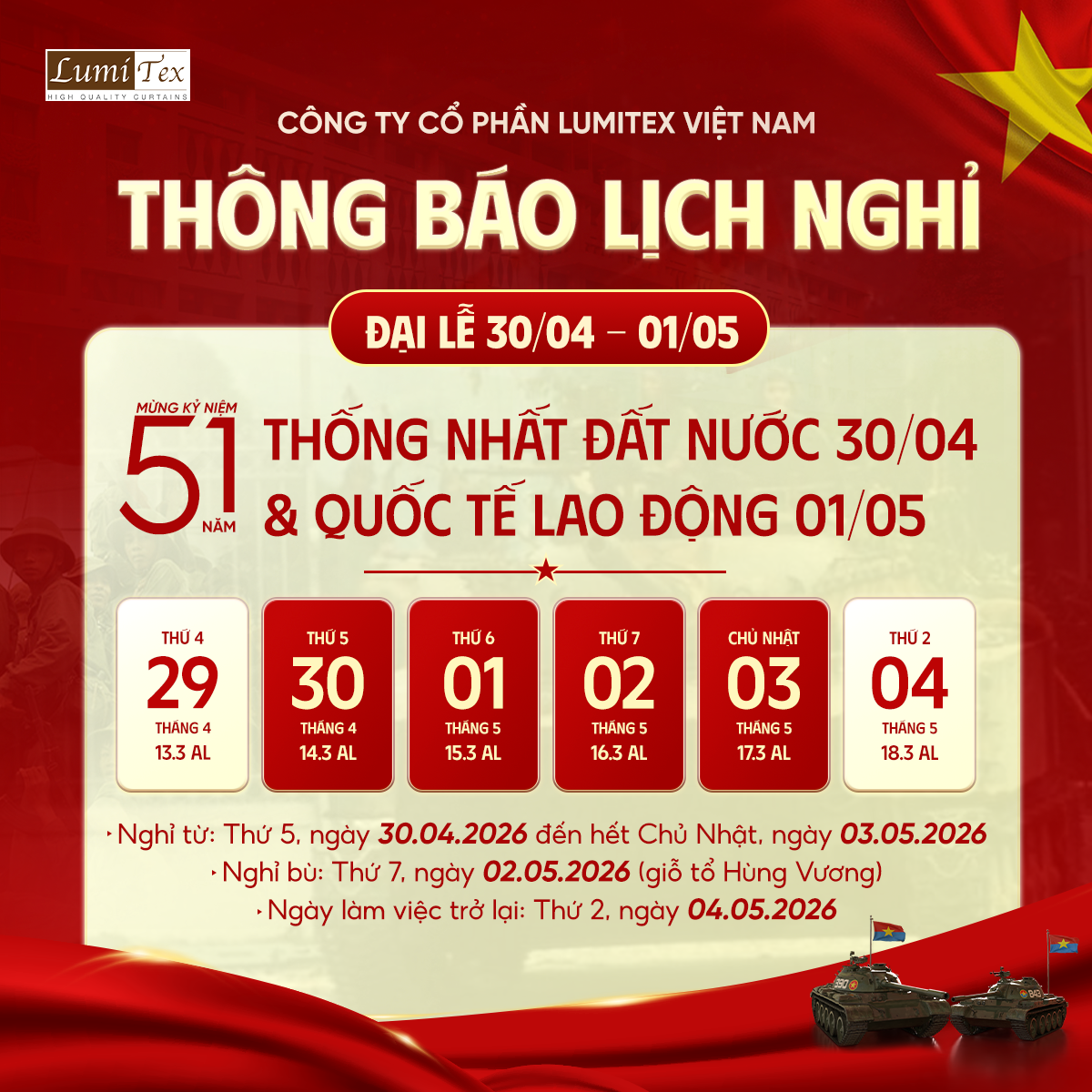 Thông báo lịch nghỉ lễ 30/04 – 01/05 năm 2026