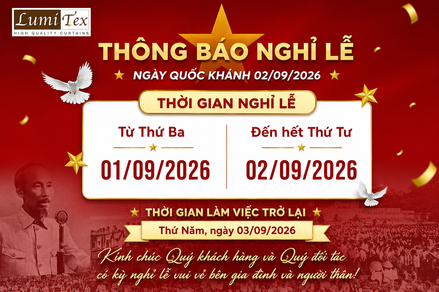 Lumitex thông báo lịch nghỉ lễ Quốc khánh 02/09/2026